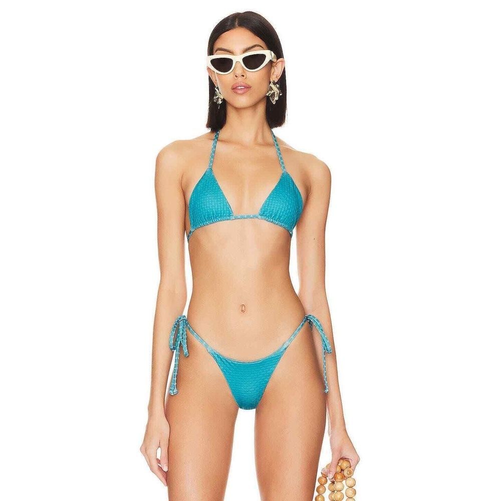 Mello the Label Revolve Bikini Top Bottom M XS Triangle Tie Side Pool Teal Blue
